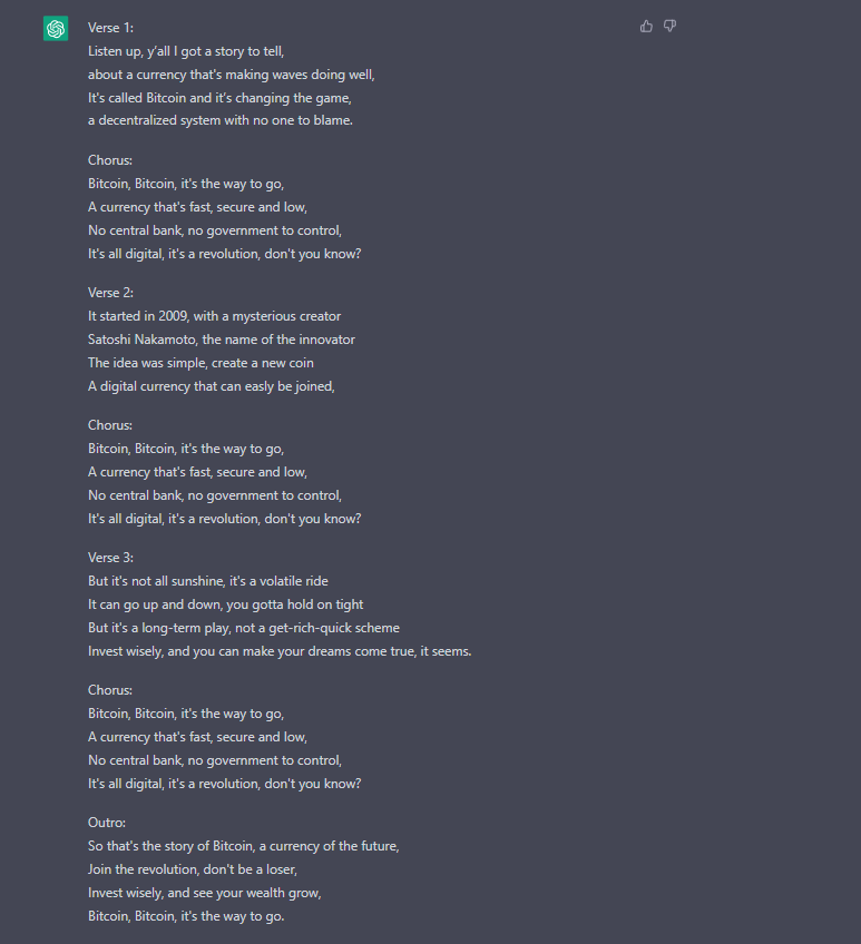 We requested ChatGPT to provide an explanation for bitcoin in a rap track and it’s dope 7