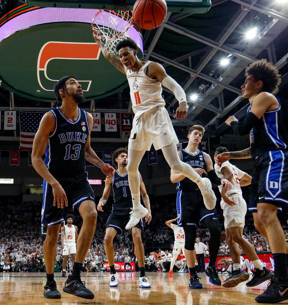 Hurricanes lead from start to finish, rolling over Duke 81-59 in front of an electrifying home crowd 3