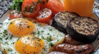 Scrambled Eggs Breakfast Plate with Sausage, Tomatoes, and Orange Juice 3