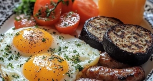 Scrambled Eggs Breakfast Plate with Sausage, Tomatoes, and Orange Juice 27