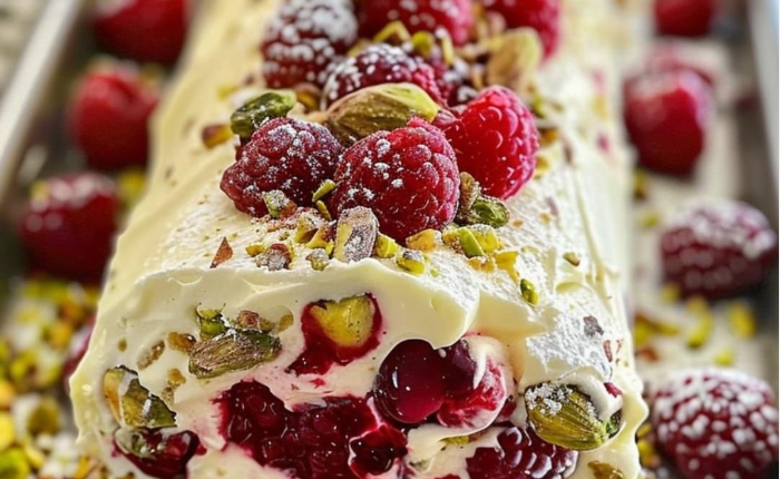 Raspberry Pistachio White Chocolate Roulade 1