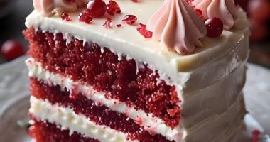 Festive Red Velvet Cake with Creamy Filling and Whipped Topping 1